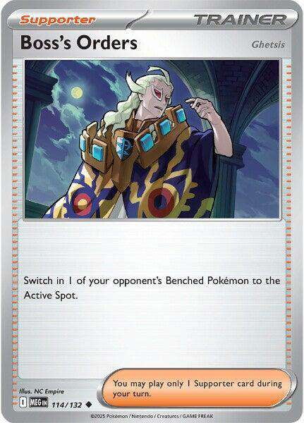 pokemon ghetsis card Boss's Orders [Ghetsis] 114 ME01 Mega Evolution draw a number of cards equal to the number of Item cards your opponent shuffled into his or her deck. Pokemon ME01: Mega Evolution Uncommon