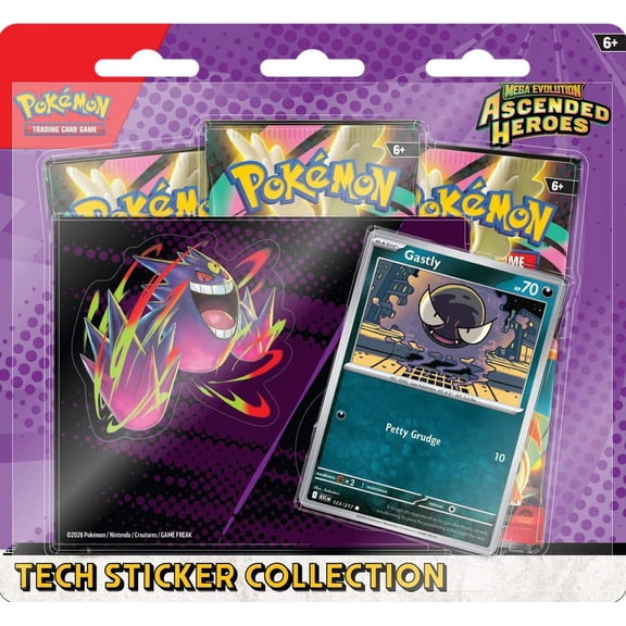Pokemon Mega Evolution Ascended Heroes Gastly Tech Sticker Collection [3 Booster Packs, Foil Promo Card & Sticker]