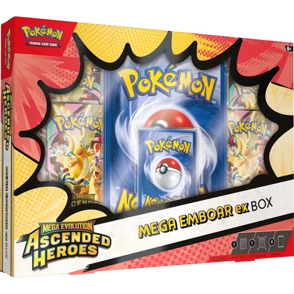 Pokemon Mega Evolution Ascended Heroes Mega Emboar ex Box (4 Booster Packs, Promo Card & Jumbo Promo Card)
