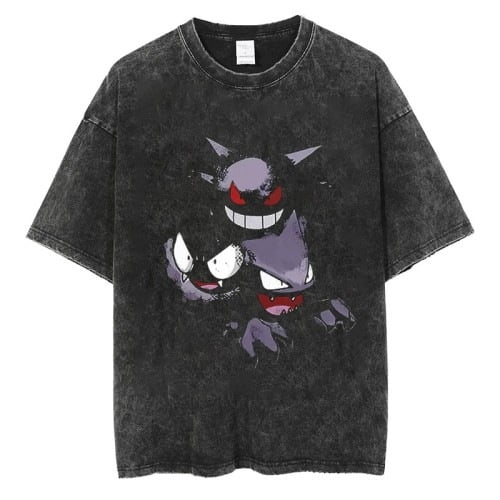 Pokemon Men's Cotton T-Shirt Pack Vintage Washed Tee Casual Summer Short Sleeve Basic Loose Tops