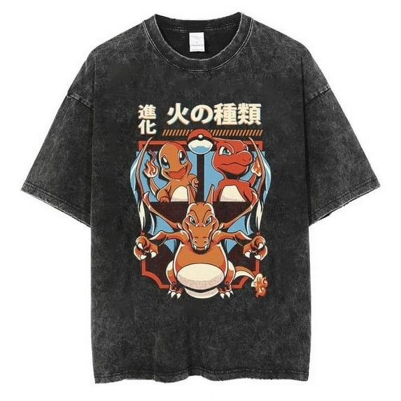 Pokemon Men's Cotton T-Shirt Pack Vintage Washed Tee Casual Summer Short Sleeve Basic Loose Tops