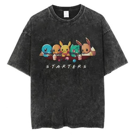 Pokemon Men's Cotton T-Shirt Pack Vintage Washed Tee Casual Summer Short Sleeve Basic Loose Tops