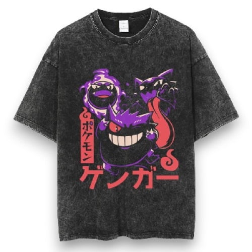 Pokemon Men's Cotton T-Shirt Pack Vintage Washed Tee Casual Summer Short Sleeve Basic Loose Tops