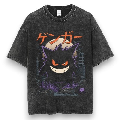 Pokemon Men's Cotton T-Shirt Pack Vintage Washed Tee Casual Summer Short Sleeve Basic Loose Tops