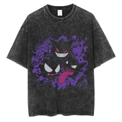 Pokemon Men's Cotton T-Shirt Pack Vintage Washed Tee Casual Summer Short Sleeve Basic Loose Tops