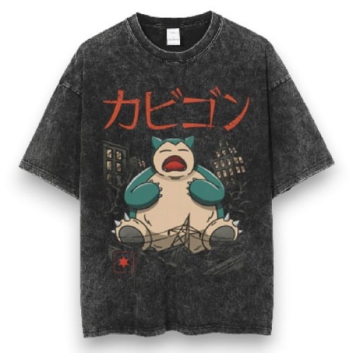 Pokemon Men's Cotton T-Shirt Pack Vintage Washed Tee Casual Summer Short Sleeve Basic Loose Tops