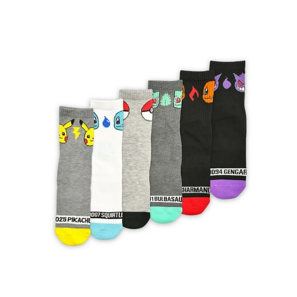 Pokemon Men's Quarter Socks, 6-Pack, Size 8-12