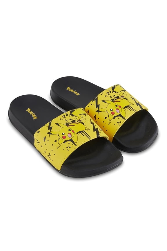 Pokemon Men's Slides, Printed Cartoon Pikachu Slippers Sandals Black Yellow - 6/7
