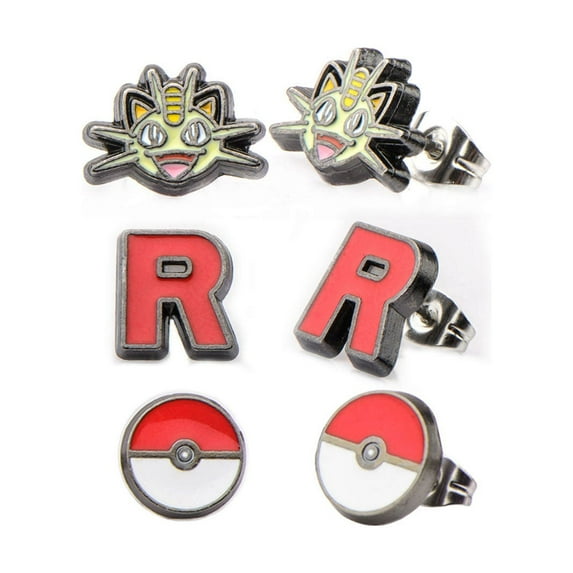 Pokemon Meowth, Team Rocket Logo, & Pokeball Stud Stainless Steel Earrings Set
