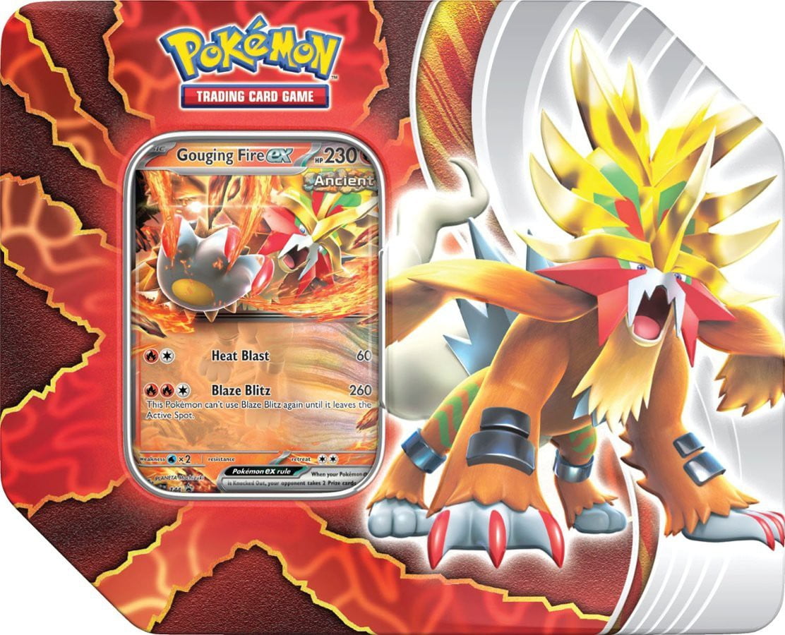 pokemon cards fire Paradox Destinies Tin, Gouging ex, 5 Booster Packs, Foil Promo Card Basic Energy from any set Gouging Fire ex (sv5-214) -