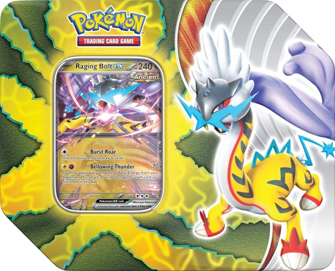 Pokemon Paradox Destinies Raging Bolt ex Tin Set (5 Booster Packs, Foil  Promo Card & More)