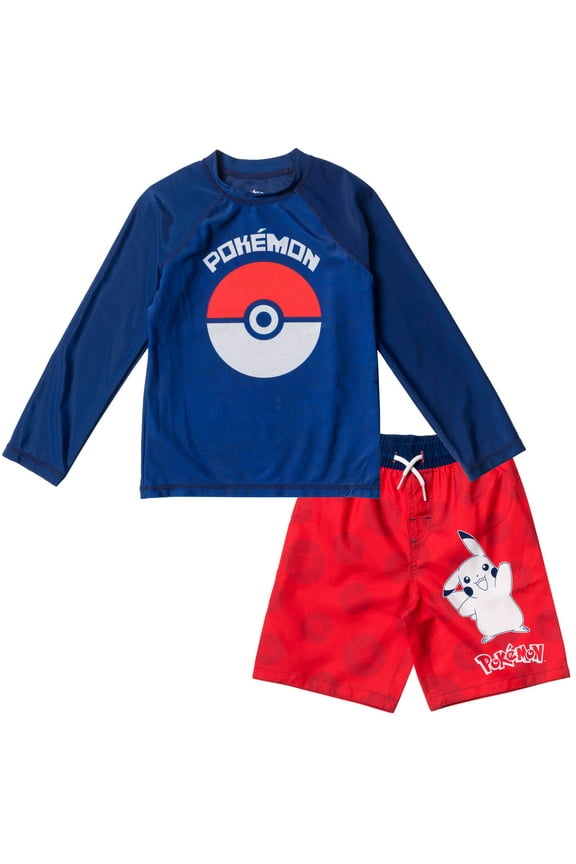 Pokemon Pikachu Big Boys Rash Guard and Swim Trunks Blue/ Red 10-12