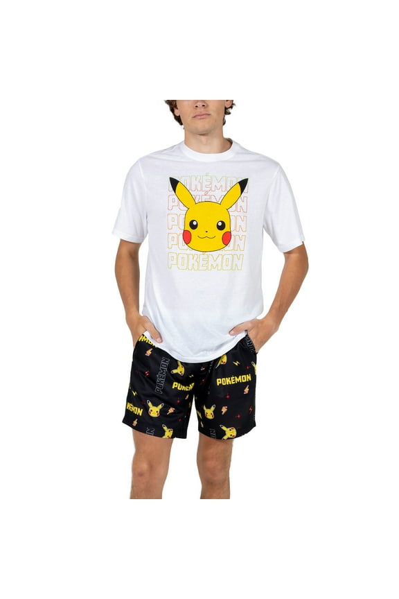 Pokemon Pikachu Big Face Men's Crew Neck Short Sleeve Tee & Sleep Pajama Shorts Combo Set-Large
