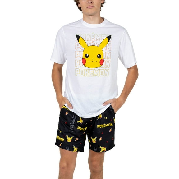 Pokemon Pikachu Big Face Men's Crew Neck Short Sleeve Tee & Sleep Pajama Shorts Combo Set-Medium