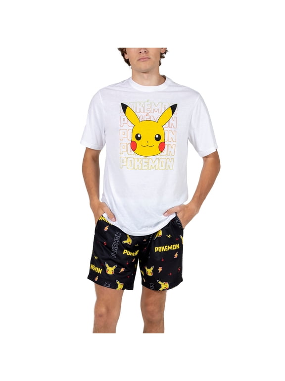 Pokemon Pikachu Big Face Men's Crew Neck Short Sleeve Tee & Sleep Pajama Shorts Combo Set-XL