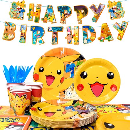Pokemon Theme Birthday Party Decoration Tableware Set, 114 Pcs Pokemon Party Supplies Tableware - Pokemon Table Cloth Banner Plates Napkins Cups for Pokemon Birthday Party Decorations