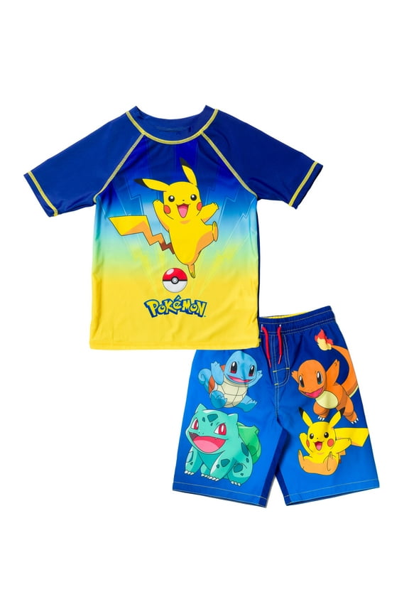Pokemon Pikachu Charmander Bulbasaur Little Boys Rash Guard and Swim Trunks Outfit Set Little Kid to Big Kid