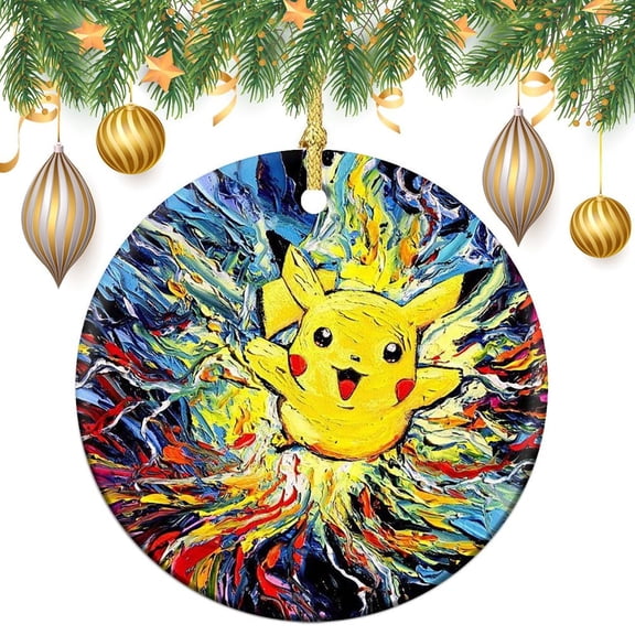 Pokemon_Pikachu Christmas Tree Ornaments Double-Sided Design For Kids Mom Dad Friends Families Christmas Tree Hanging Decorations, Round Ornament Decor Xmas Gifts Porcelain Travel Souvenirs