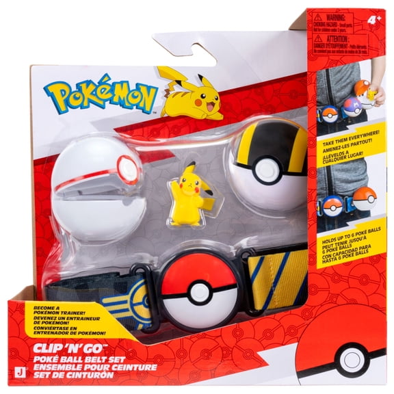 Pokemon Pikachu Clip N Go Belt Set - 2-Inch Pikachu Battle Figure with Electric-type themed Clip N Go Belt plus Premier Ball and Ultra Ball Accessories