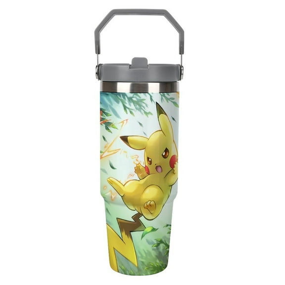 Pokemon-Pikachu Cracks A Joke Stainless Steel Tumbler Car Cup 30 Oz with Handles, Vacuum Insulated Water Bottle for Home, Office Reusable Cup with Straw Leak Resistant Flip