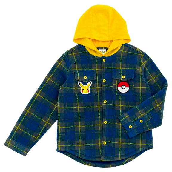 Pokemon Pikachu Flannel Hooded Shacket Plaid Little Kid to Big Kid