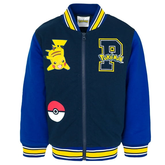 Pokemon Pikachu French Terry Varsity Zip Up Bomber Jacket Little Kid to Big Kid