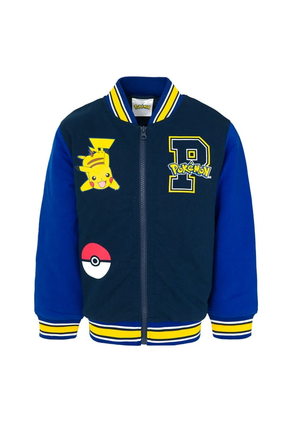 Pokemon Pikachu French Terry Varsity Zip Up Bomber Jacket Little Kid to Big Kid