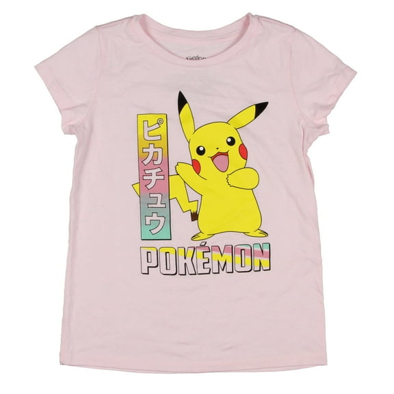 Pokemon Pikachu Girl's Shirt Kanji Short Sleeve Crewneck T-Shirt For Kids