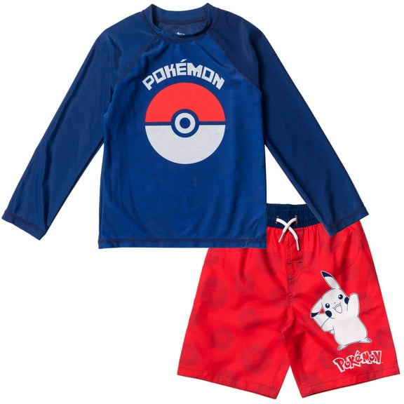 Pokemon Pikachu Little Boys Rash Guard and Swim Trunks Blue/ Red 4