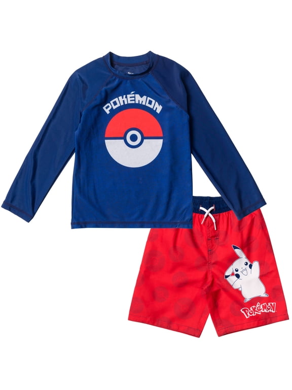 Pokemon Pikachu Little Boys Rash Guard and Swim Trunks Blue/ Red 5