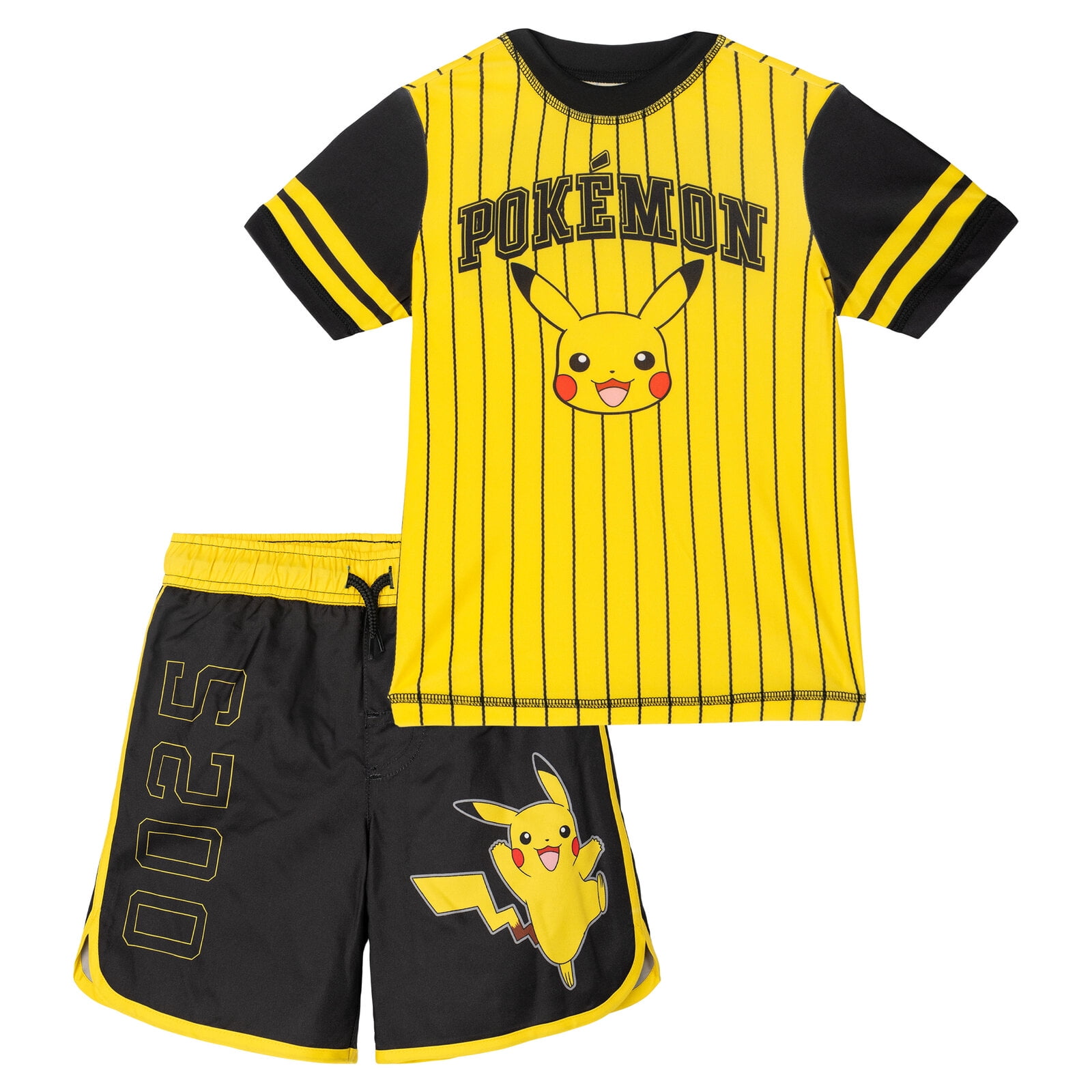 Pokemon Pikachu Raglan Rash Guard and Swim Trunks UPF 50+ Outfit Set Little Kid to Big Kid