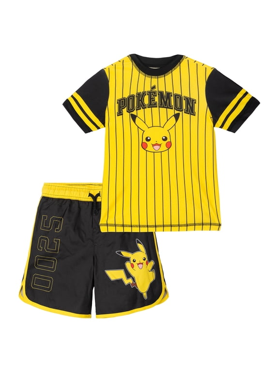 Pokemon Big Boys' Short Sleeve Rash Guard and Swim Trunks Set Pikachu Yellow Black