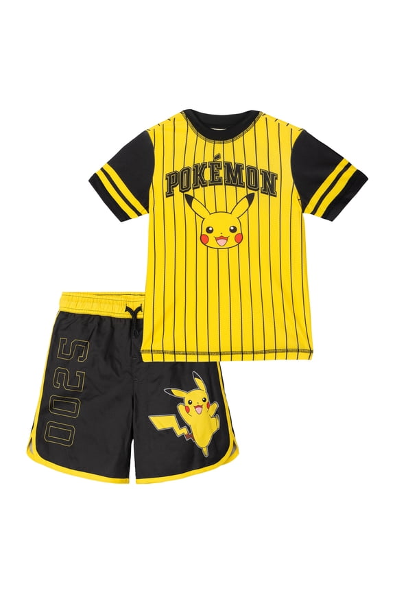 Pokemon Pikachu Raglan Rash Guard and Swim Trunks UPF 50+ Outfit Set Little Kid to Big Kid