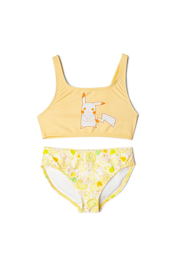 Pokemon Pikachu Square Neck Bikini Top and Bottom UPF 50+ Swim Set Gingham Little Kid to Big Kid
