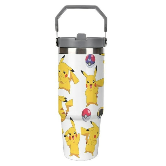 Pokemon Pikachu2 Stainless Steel Tumbler Car Cup 30 Oz with Handles, Vacuum Insulated Water Bottle for Home, Office Reusable Cup with Straw Leak Resistant Flip