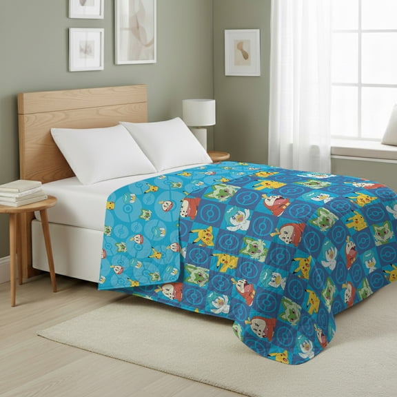 Pokemon Powere Squares win/Full Quilted Blanket 60x90 inches
