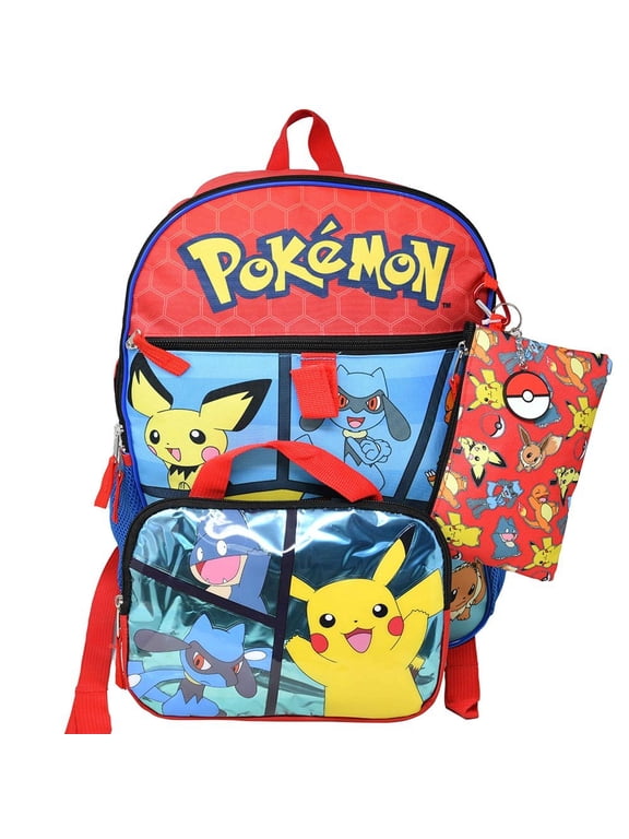 Pokemon Red 5pc 16" Backpack Set Keychain, Utility Case, Zipper pouch
