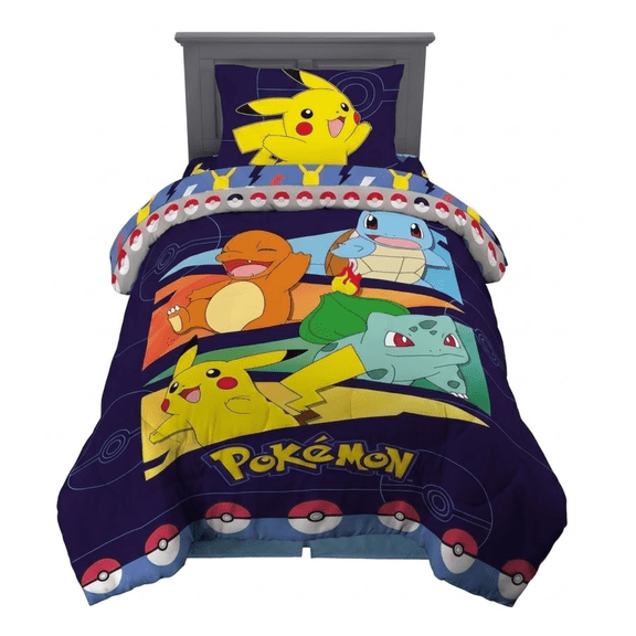Pokemon Reversible Twin Comforter, Character Print Polyester Bedding, 64 x 86 Inch