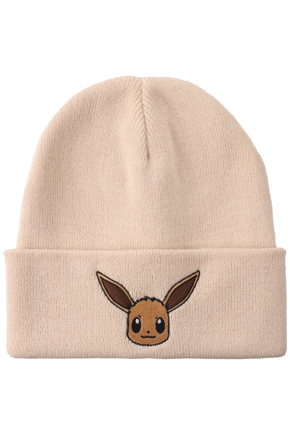 Pokemon Rib Knit Embroidered Eevee On Tan Cuff Beanie