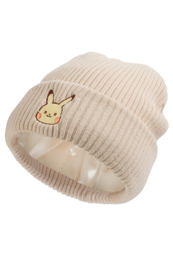 Pokemon Ribbed Knit Embroidered Pikachu On Natural Satin Lined Cuff Beanie