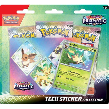 Pokemon Scarlet & Violet Prismatic Evolutions Leafeon Tech Sticker Collection [3 Booster Packs, Shiny Promo Card & Sticker]