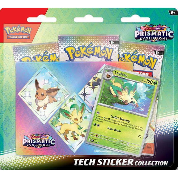 Pokemon Scarlet & Violet Prismatic Evolutions Leafeon Tech Sticker Collection [3 Booster Packs, Shiny Promo Card & Sticker]