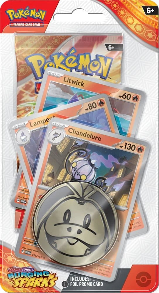 Pokemon Scarlet & Violet Surging Sparks Litwick, Lampent & Chandelure Checklane BLISTER Pack (Booster Pack, 3 Promo Cards & Large Coin)