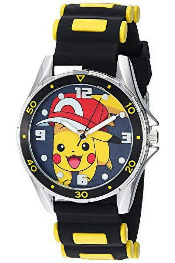 Pokemon Silver Tone Metal Analog-Quartz Watch with Rubber Strap, Black, 20.7 (Model: POK9010)