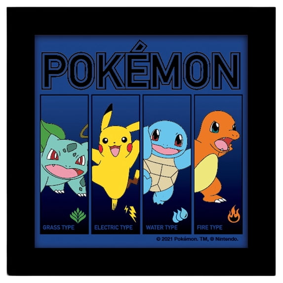 Silver Buffalo Pokemon Starter Binding Types Gel Coat 6" x 6" Framed MDF Modern Wall Art