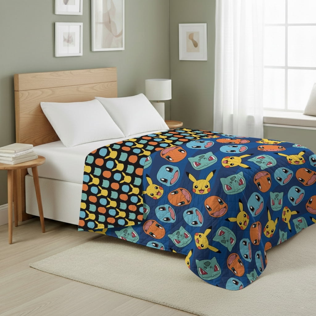 Pokemon Striped Favorites Twin/Full Quilted Blanket 60x90 inches, Kids Character Bedding