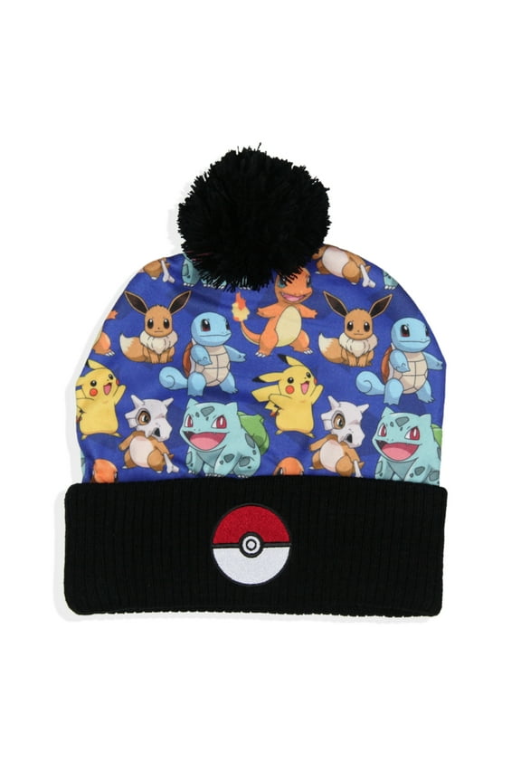 Pokemon Sublimated Pikachu Eevee Charmander Squirtle Bulbasaur Cuff Pom Beanie Hat