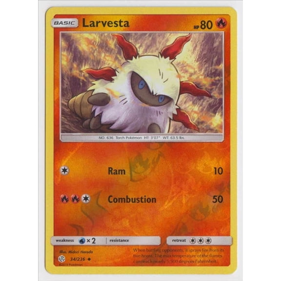 Pokemon Sun & Moon Cosmic Eclipse Reverse Holo Larvesta 34/236 English Holo Uncommon