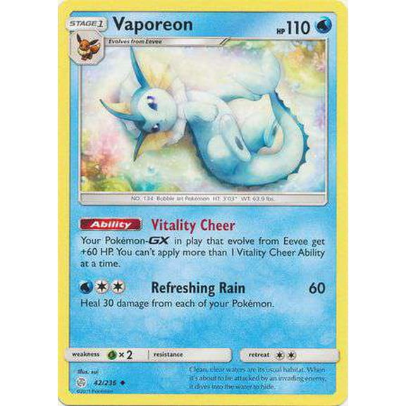 Pokemon Sun & Moon Cosmic Eclipse Uncommon Vaporeon #42