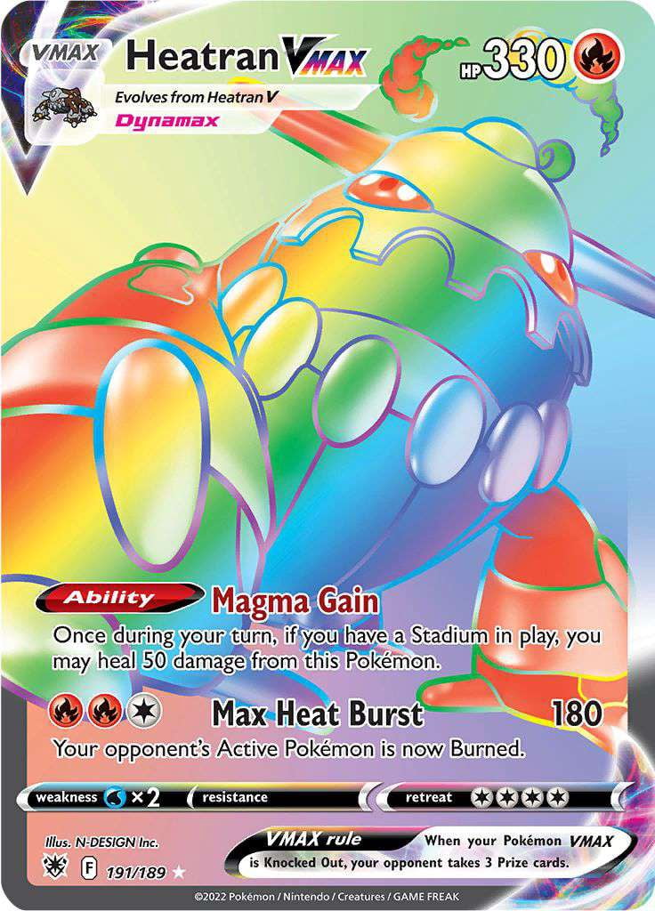 pokemon sword and shield rainbow cards & Astral Radiance Rare Heatran-VMAX #191 heal 120 damage from that Pokemon Grant 203/189 Rare Rainbow Pokemon
